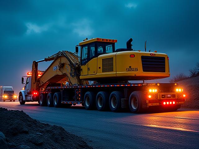 Lowboy RGN trailer hauling an excavator