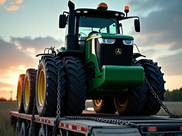 John Deere tractor being secured to a step-deck trailer