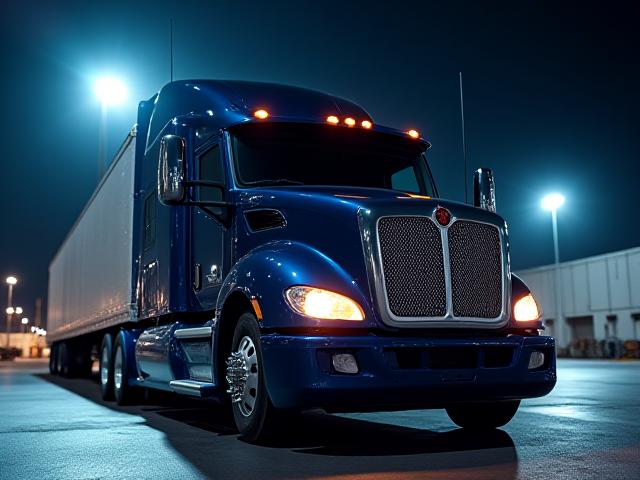 Modern logistics semi-truck under warehouse lights at night